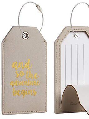 NEW Light Gray PU Leather AND SO THE ADVENTURE BEGINS Privacy Luggage Tags x 2